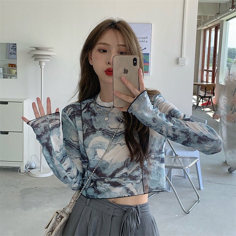 ขายดี เสื้อยืดแขนยาว ผ้าตาข่ายมัดย้อม กันแดด เข้ากับทุกการแต่งกาย แฟชั่นฤดูร้อน สไตล์เรโทร สําหรับผู้หญิง 2022