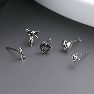 5pcs/set Vintage Sterling Silver Heart Angel Cross Stud Earrings Goth Aesthetic Piercing Stud Earrings Party Punk Jewelry Gifts