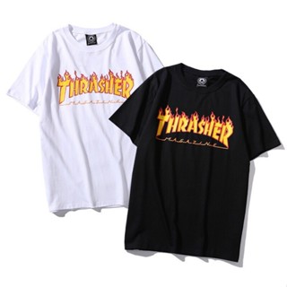 เสื้อยืดแฟชั่น❣✑◇แฟชั่น Tops Thrasher T เสื้อสเก็ตบอร์ด Tide Thrasher นิตยสาร Flame Causal Tee ผู้ชายผู้หญิง Top