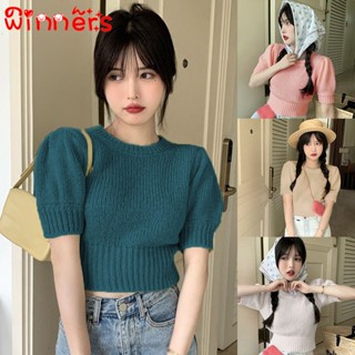 Women Korean Solid Color Tops Versatile Short Sleeve Knit Crew Neck T Shirt