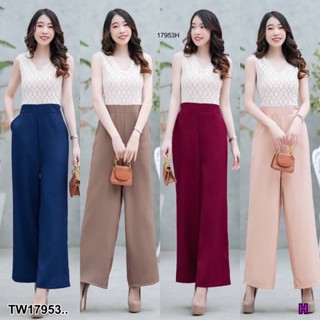 TwinsShopVip💗พร้อมส่ง TW17953 Jumpsuit จั้มสูทขายาว ลูกไม้ ตัดต่อกางเกงสีพื้น ผูกโบว์ ..