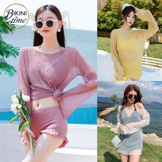 🏖BikiniTime มี 10 สี SB112 ชุดว่ายน้ำบิกินี ฟรีไซส์ ผ้าบาง เซ็ท3ชิ้น พร้อมเสื้อคลุมแขนยาวซีทรู บรามีฟองน้ำเสริม