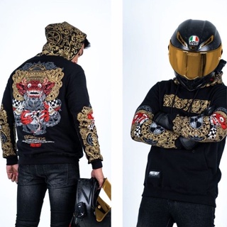 Prostreet Barong Culture Pride V2 เสื้อแจ็กเก็ตกันหนาว มีฮู้ด พิมพ์ลายปีศาจ Guardian Riders สีขาว สําหรับผู้ชาย และผู้หญิง