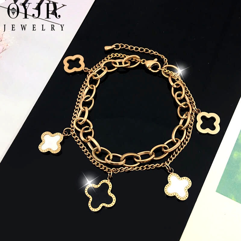 OYJR สร้อยข้อมือไม่ลอกไม่ดำ  สร้อยข้อมือสแตนเลสแท้ ข้อมือเก๋ๆแบบสองชั้นสำหรับผู้หญิง - รูปที่ 6