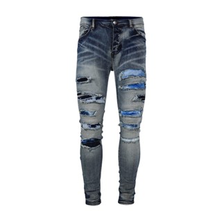 AMIRI jeans light color ripped casual casual all-match side silver line slim jeans