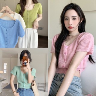 🔥ราคาถูกที่สุด🔥เสื้อไหมพรมแขนสั้นคอเหลี่ยม 10 สี กระดุมหน้า เอวจั๊ม เสื้อแฟชั่นผญ