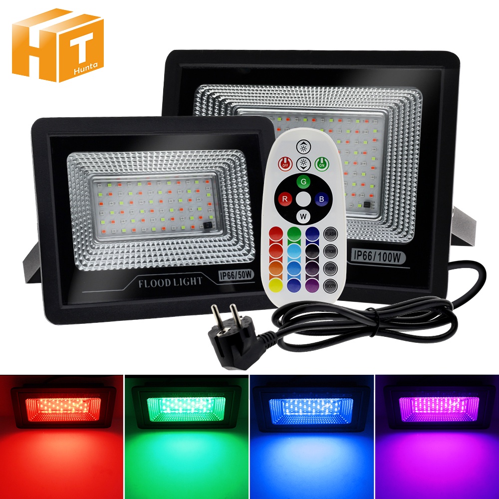 ไฟสปอร์ตไลท์ 50W 100W IP66 กันน้ำได้ ทนแดดทนฝน RGB Spotlight ปรับสีได้ ส๊สันสด พร้อมรีโมท แสงสว่างมากSpotlight