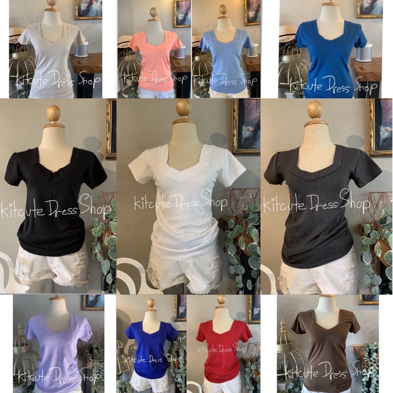 เสื้อยืดคอห้าเหลี่ยม ผ้าคอตตอนผสม คอเหลี่ยม ผ้านุ่มยืด อก 32-36 มีเก็บเงินปลายทางค่า KIT037
