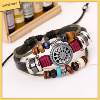 Fairystore Retro Punk Cowhide Rope Multilayer Alloy Wood Beads Unisex Adjustable Bracelet