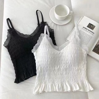 พร้อมส่ง เสื้อครอปท็อป คอวี แขนกุด ผ้าลูกไม้โครเชต์ พร้อมแผ่นรอง สําหรับผู้หญิง