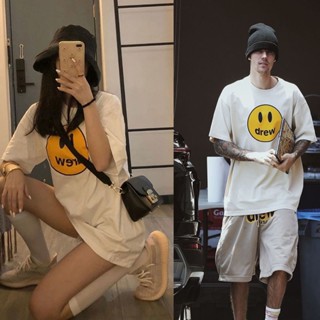 Tee เสื้อขาว เสื้อยืดครอป เสื้อยืดแขนสั้นพิมพ์ลาย Justin Bieber Drew House Smiling สําหรับผู้ชาย