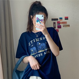 พร้อมส่ง เสื้อยืดลําลอง แขนสั้น คอกลม พิมพ์ลายตัวอักษร สไตล์เกาหลี สําหรับผู้หญิง