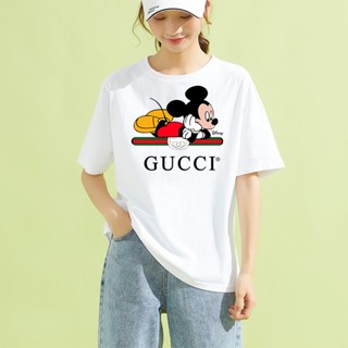 Disney co-branded Cool Girls Street style retro popular print all-match white O-neck short-sleeved เสื้อยืดผู้หญิง