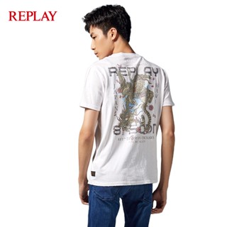 เสื้อยืดเด็กผช เสื้อทหาร REPLAY เสื้อยืดแขนสั้นผู้ชายคอกลมหล่อพื้นฐานตกแต่งหลังพิมพ์ Hq8 เสื้อเบลาส์