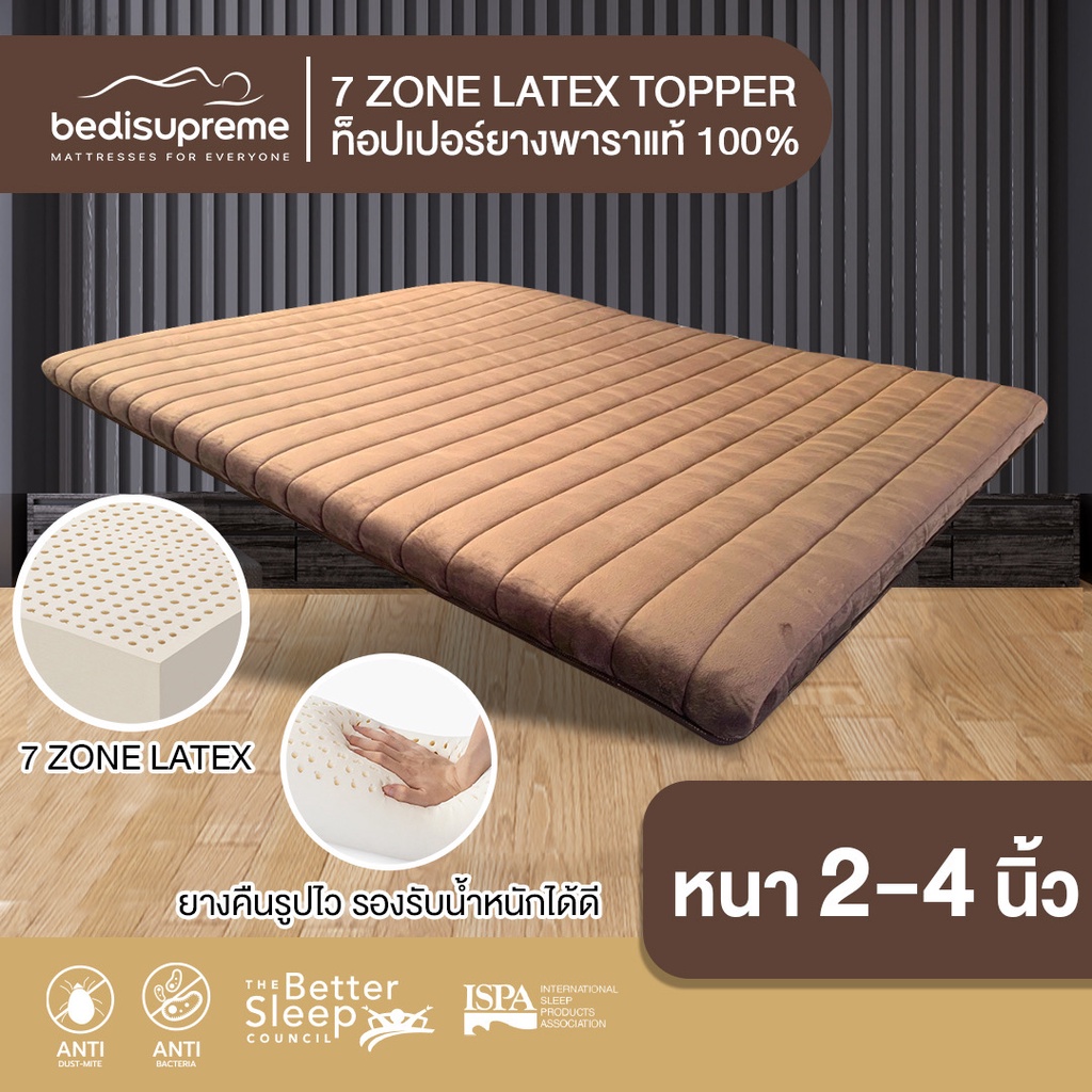 ท็อปเปอร์ยางพาราฉีดแท้100% 7 Zone Natural Latex Topper หนา 2-4 นิ้ว หุ้มผ้าVelour  ขนาด3.5 ฟุต-6 ฟุต
