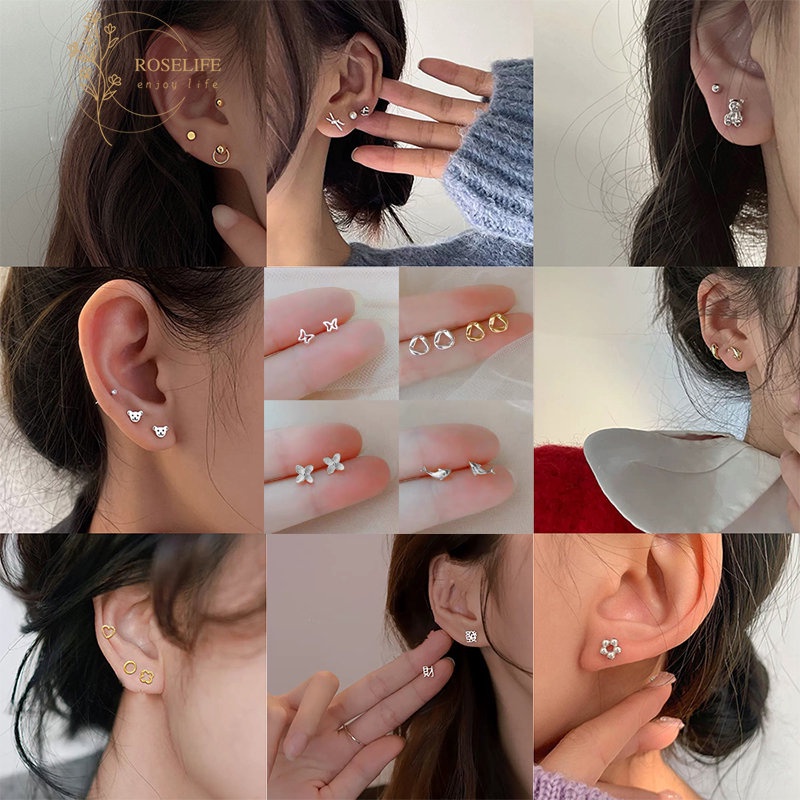 Roselife ต่างหูสตั๊ด เงิน S925 จี้รูปดอกไม้ ขนาดเล็ก สไตล์เกาหลี เครื่องประดับ สําหรับผู้หญิง 1 คู่