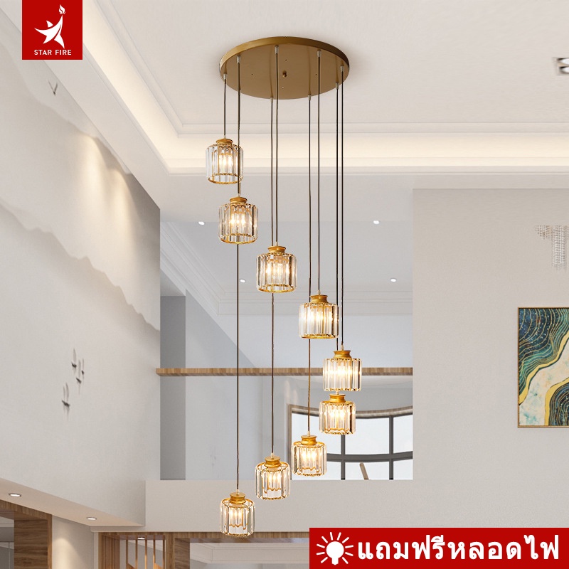 โคมระย้าคริสตัล หมุนโคมระย้าบันไดโมเดิร์นโคมไฟติดเพดานHollow Creative Villaขั้นบันไดมีไฟความยาวคริสตัลโคมไฟนอร์ดิก
