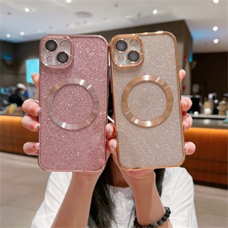 เคสโทรศัพท์มือถือ ซิลิโคนนิ่ม ใส แต่งกลิตเตอร์ พร้อมฟิล์มแม่เหล็กติดกล้อง สําหรับ iPhone 14 Pro Max 14Plus 13 12 Pro Max