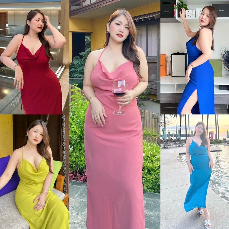 เดรสออกงาน 7สี สาวอวบ ใส่แล้วผอมมาก ไซซ์ M-10XL  ใส่สายได้6แบบ รุ่น Judie Slim Drees