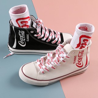 รองเท้าผ้าใบ ข้อสูง ลายเครื่องดื่ม Coca-Cola สีขาว แฟชั่นฤดูใบไม้ผลิ สําหรับผู้ชาย และผู้หญิง