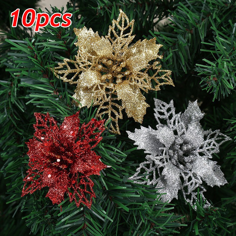 10 ชิ้น 10 ซม.Glitter Artifical คริสต์มาสดอกไม้ต้นคริสต์มาสตกแต่งสําหรับหน้าแรกดอกไม้ปลอม Xmas เครื่องประดับตกแต่งปีใหม่