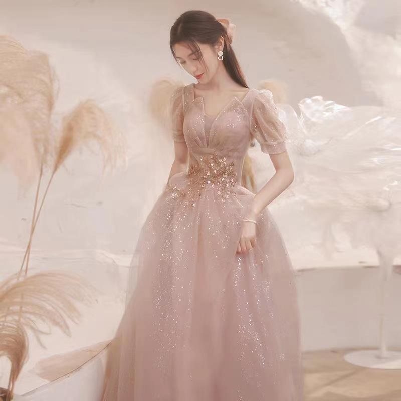 ชุดเดรสราตรี แขนพัฟ ประดับเลื่อม สีชมพู สีไวน์แดง ฟ้า เหมาะกับงานเลี้ยงวันเกิด สไตล์เจ้าหญิง - รูปที่ 4