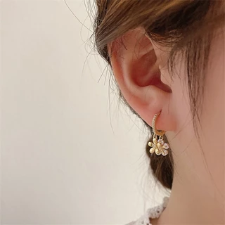 เครื่องประดับ ต่างหูห่วง ประดับเพทาย ลายดอกไม้ สไตล์เกาหลี สําหรับผู้หญิง