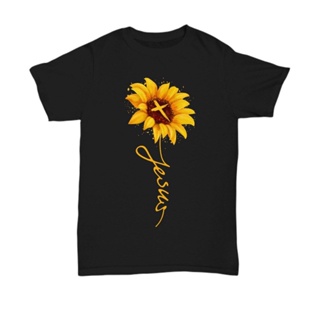 การพิมพ์เสื้อยืด คอกลม แขนสั้น ผ้า  สบายและต่อต้านริ้วรอย Jesus Christ Cross Sunflower T-Shirt Gifts