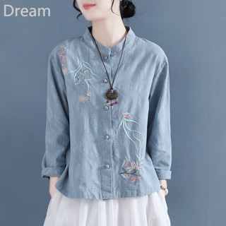 Chinese style embroidered cotton and linen shirt retro buckle long sleeve stand collar Tea suit loose base linen top