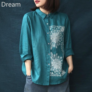Artistic leisure loose slimming irregular printed linen shirt womens front and back wear cotton and linen top