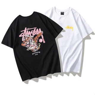 เสื้อคนอ้วนผญ เสื้อยืดสีขาว เสื้อวันพีช - แฟชั่น Stussy พิมพ์ผ้าฝ้าย unisex สั้น- แขนเสื้อยืด Tee