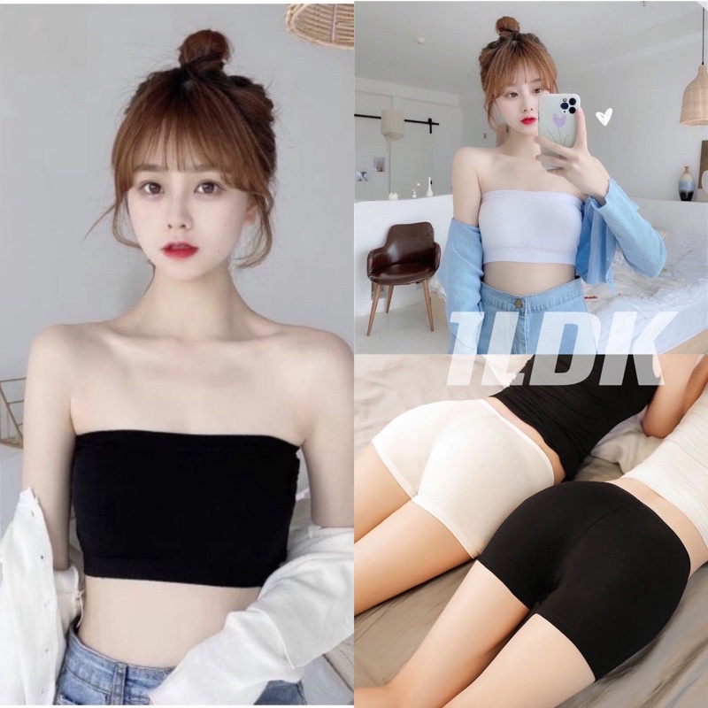 1LDKพร้อมส่งเสื้อเกาะอก+กางเกงสเต ลายเรียบ เนื้อผ้าโพลีเอสเตอร์ ใส่สบาย(D20)