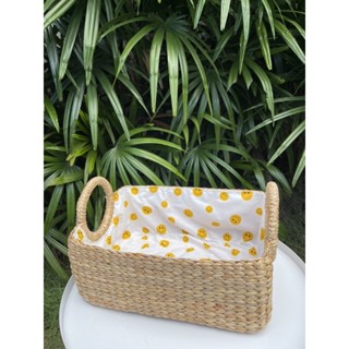 Woven basket ตระกร้าสานผักตบชวา(เลือกลายผ้าได้) ตะกร้าใส่ของ ตะกร้าแมวนอน ตะกร้ามินิมอล