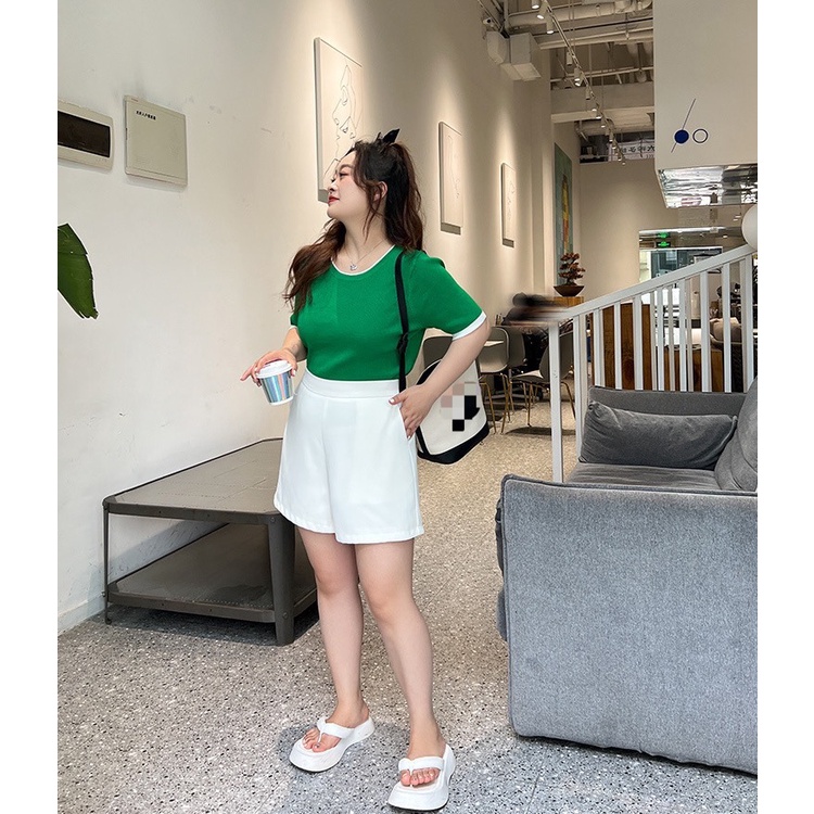 CiCi Plus+(807)กางเกงขาสั้นเอวสูงสม็อคหลัง ซิปข้าง มีกระเป๋า2ข้างทรงสวย เก็บพุงสาวอวบอ้วน พลัสไซส์ - รูปที่ 5