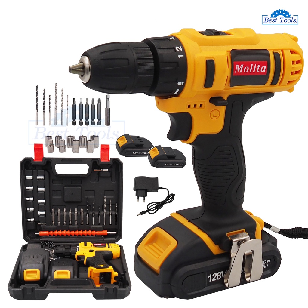 MOLITA สว่านไร้สาย สว่าน 128V 2 ระบบ แบตเตอรี่ Li-ion อย่างดี 2 ก้อน พร้อม ดอกสว่าน และ อุปกรณ์ เครื่องมือช่าง รวม 32ชิ้ สินค้า