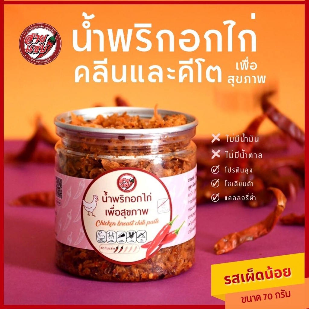 สายแซ่บ น้ำพริกอกไก่ 70 กรัม รสเผ็ดน้อย สูตรคลีน คีโต เพื่อสุขภาพ ไม่มีน้ำมัน ไม่มีน้ำตาล