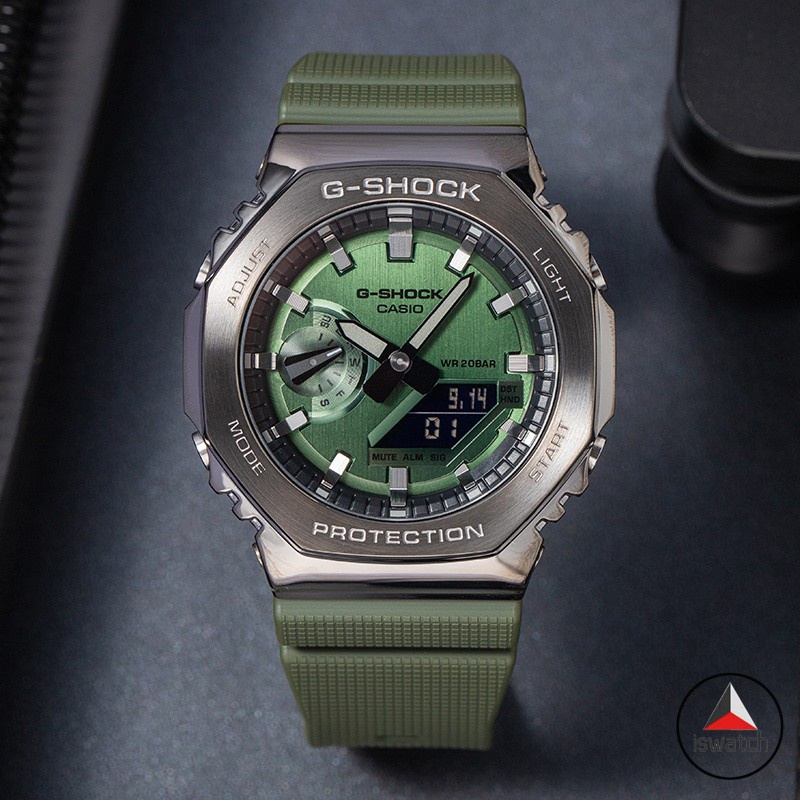 【พร้อมส่ง】Casio G-shock GM-2100B-3A นาฬิกาข้อมือ สายสแตนเลส สีเขียวทหาร GM-2100
