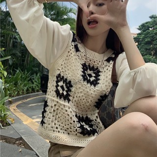 Suxi เสื้อคอกลมลําลอง ผ้าถัก เข้ารูป ลายตารางหมากรุก แฟชั่นฤดูใบไม้ร่วง สไตล์เกาหลี วินเทจ สําหรับผู้หญิง