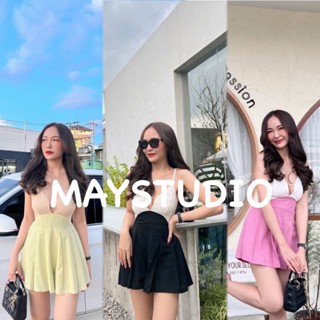 MAYSTUDIO จั้มสูทขาสั้นเว้าช่วงอก สมอคด้านหลัง โทนสีทูโทน กางเกงจับจีบเอวs มีซับในกางเกง