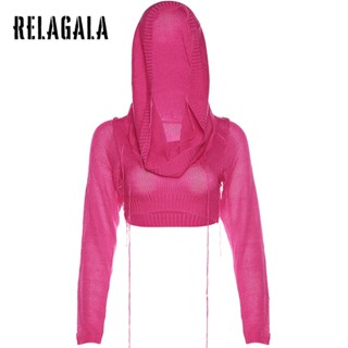 Relagala เสื้อยืดแขนยาว มีฮู้ด ผ้าถัก สีพื้น แฟชั่นสําหรับผู้หญิง