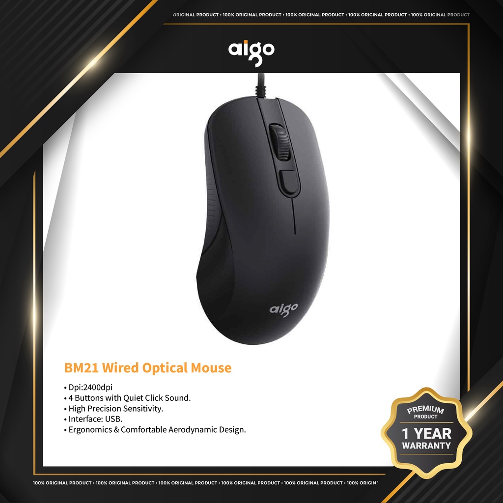 Aigo BM21 เมาส์ออปติคอลแบบมีสายเงียบ 2400DPI