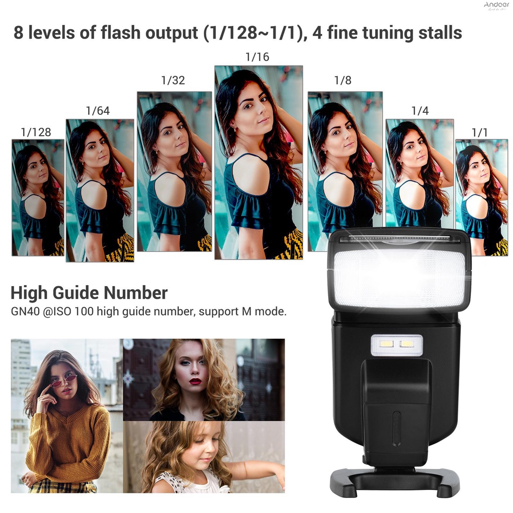Andoer แฟลช Speedlite GN40 LED ปรับได้ พร้อมแบร็คเก็ต แบบเปลี่ยน สําหรับกล้อง Canon Nikon Olympus Pentax DSLR