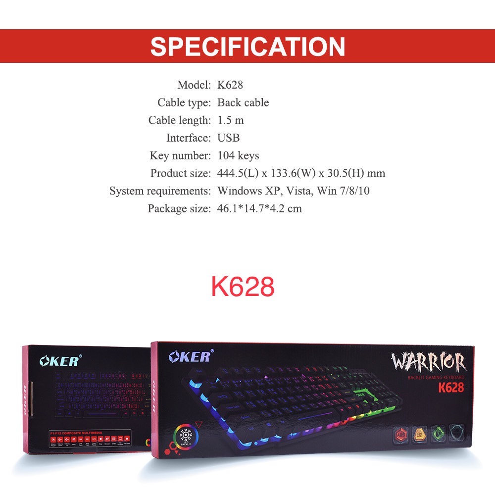 OKER K628 คีย์บอร์ดเกมมิ่งมีสาย 104 คีย์ แสง RGB แป้น EN/TH