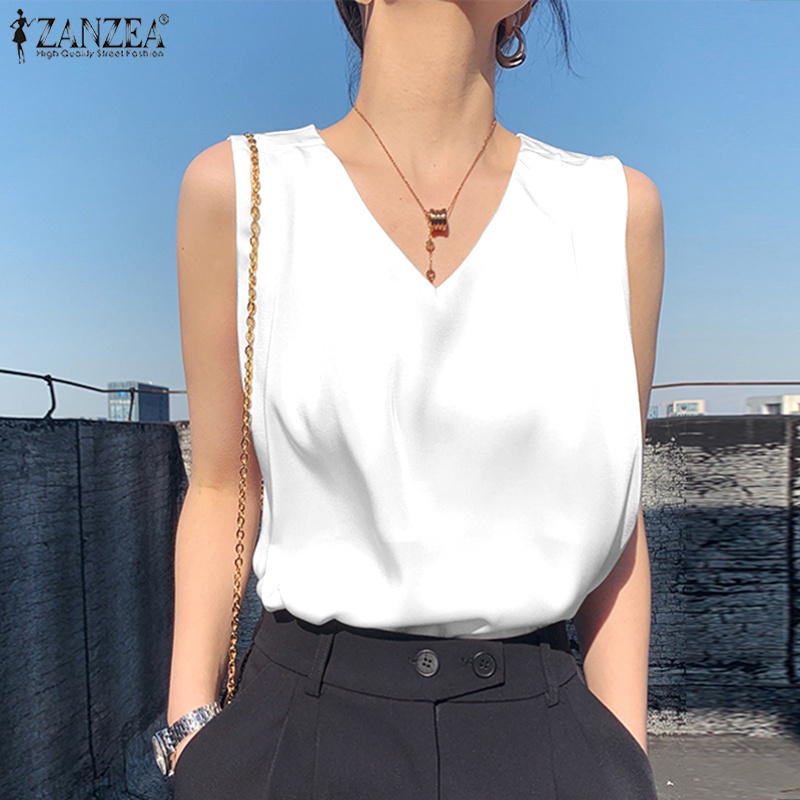 Zanzea เสื้อเบลาส์ คอวี แขนกุด ผ้าซาติน จับจีบ แฟชั่นสําหรับผู้หญิง