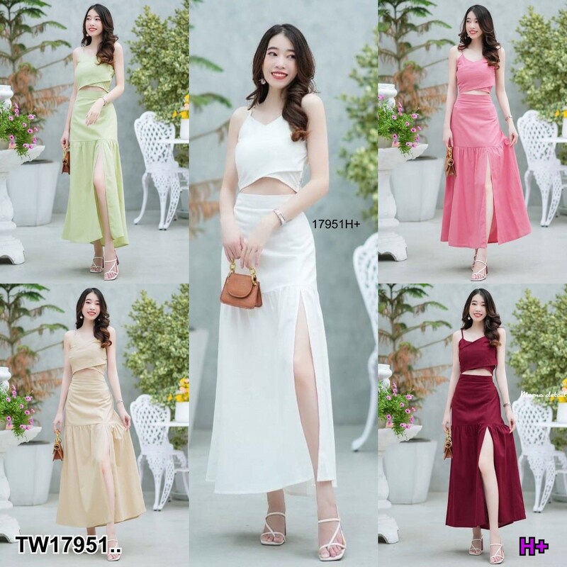 TT17951 Set 2 ชิ้น เสื้อสายไขว้ด้านหน้า + กระโปรงยาว ผ่าหน้า Set of 2 pieces. Front cross strap shir