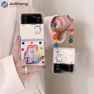 Jusheng เคสโทรศัพท์มือถือ แบบฝาพับ ลายจุด หมี พร้อมขาตั้ง โซ่ สําหรับ Samsung Z Flip4 Z Flip3 Z Flip2 Z