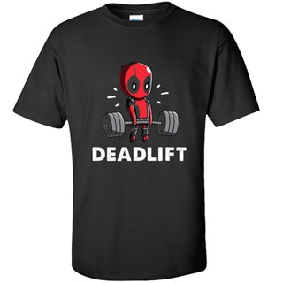 Tee - ผู้ชายเสื้อยืดที่น่าตื่นตาตื่นใจ Deadpool Deadlift ยกน้ําหนักตลกฟิตเนส Tshirt Deadpool Supe ฮ