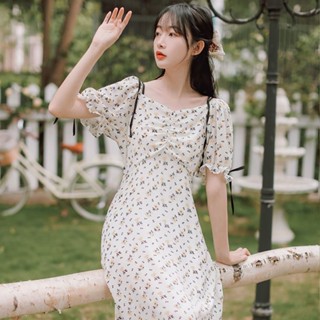 №﹍ชุดดอกไม้แสนหวาน ชุดเดรสแขนพัฟ ชุดปกสี่เหลี่ยม กระโปรงแม็กซี่ฝรั่งเศส