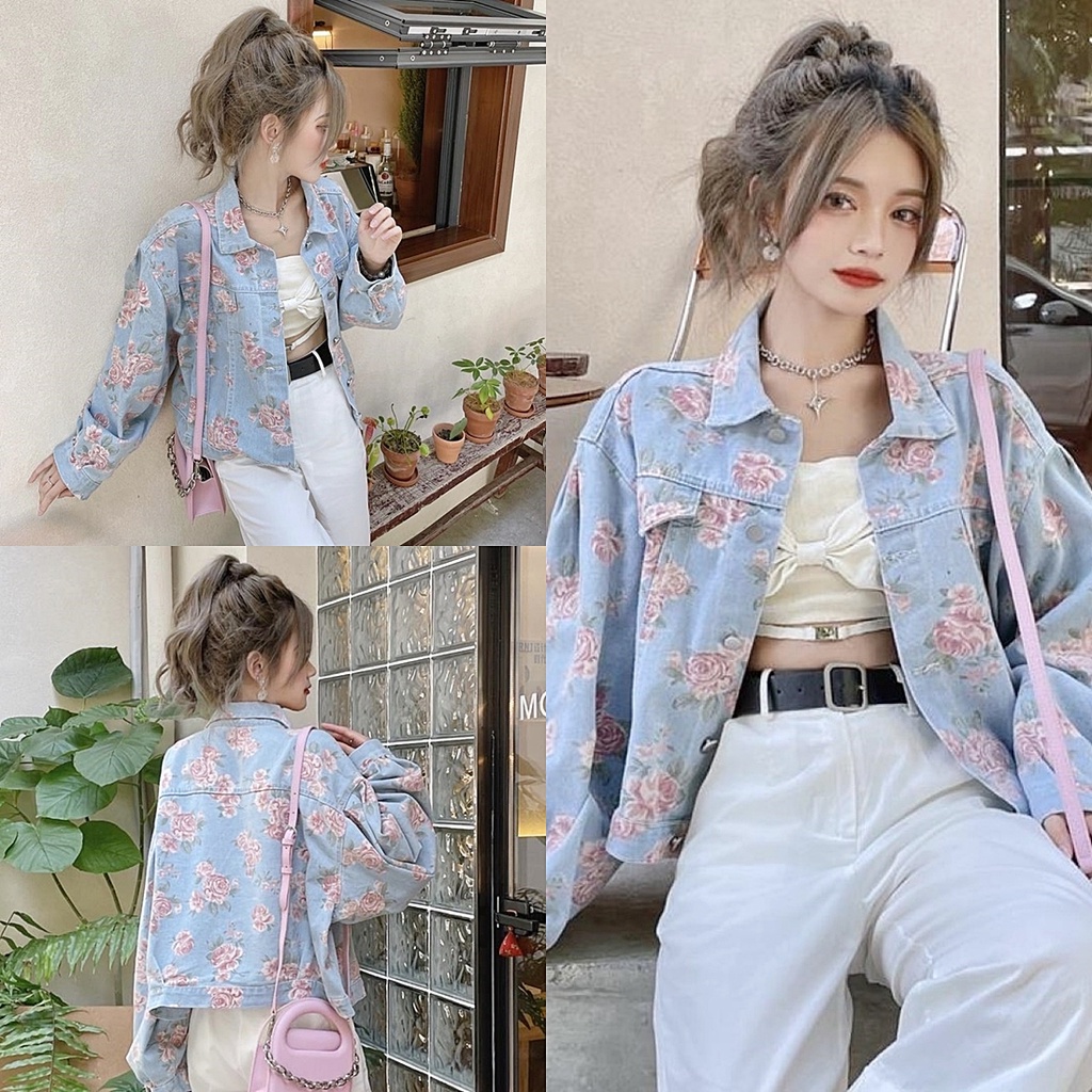 ราคาถูกที่สุด เสื้อแจ็คเก็ตยีนส์แขนยาว สีฟ้าลายกุหลาบ ทรงตัวสั้น