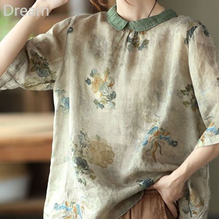 Large size loose artistic retro elegant printed cotton and linen shirt female artistic Peter lapel loose pullover shirt female